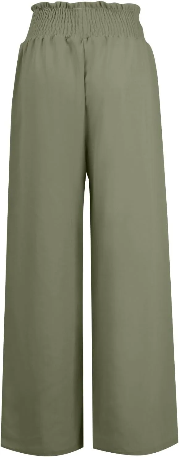Womens Flowy Linen Pant with Pockets Wide Leg Palazzo Elastic Waist Pants Casual Dressy Summer Trousers