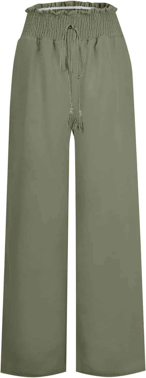 Womens Flowy Linen Pant with Pockets Wide Leg Palazzo Elastic Waist Pants Casual Dressy Summer Trousers