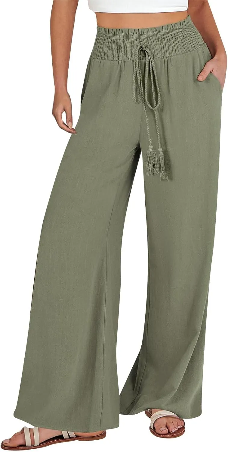 Womens Flowy Linen Pant with Pockets Wide Leg Palazzo Elastic Waist Pants Casual Dressy Summer Trousers