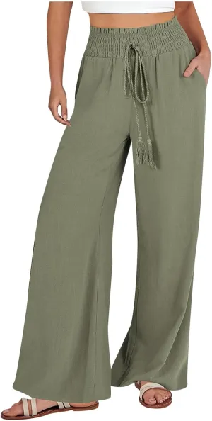 Womens Flowy Linen Pant with Pockets Wide Leg Palazzo Elastic Waist Pants Casual Dressy Summer Trousers