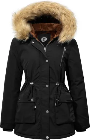 Women's Fur Hood Winter Parka Thicken Winter Jacket Coat Hooded Puffer Coat with Removable Fur Trim