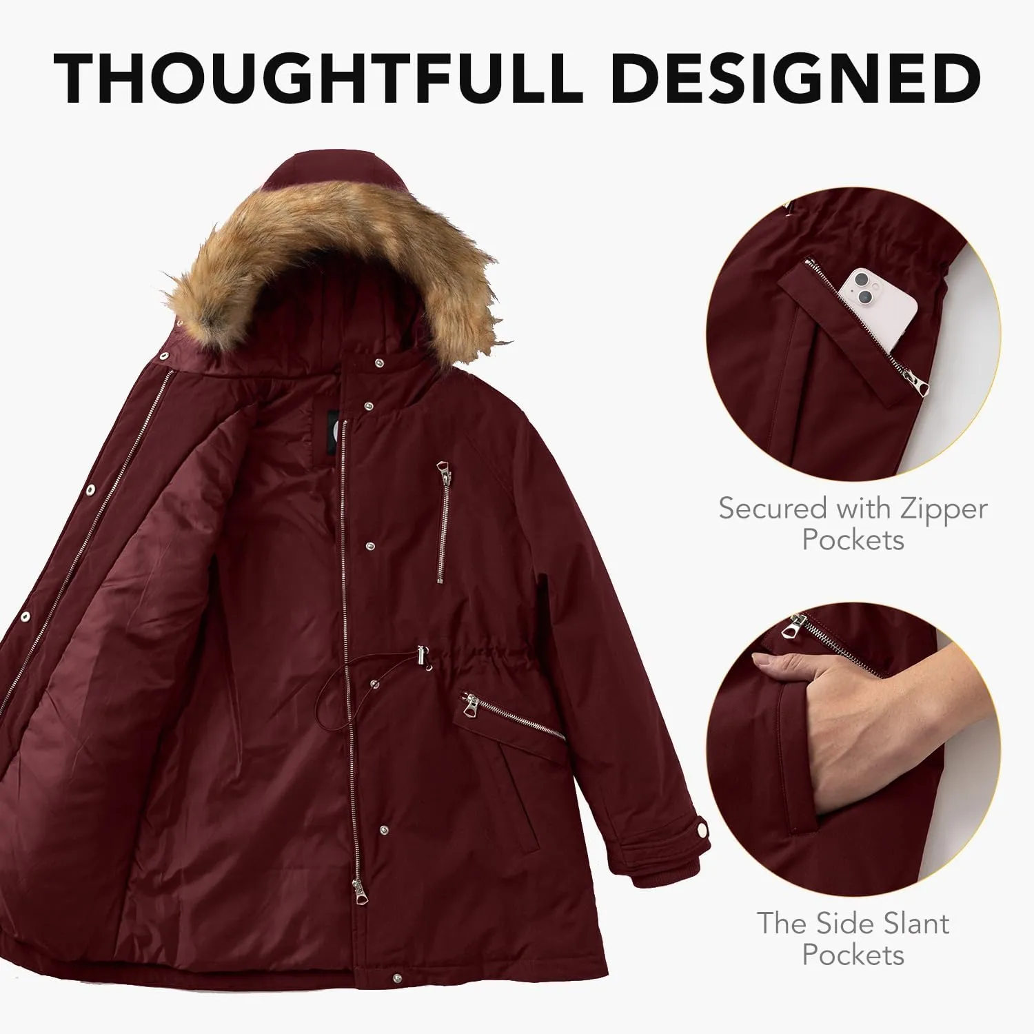 Women's Fur Hood Winter Parka Thicken Winter Jacket Coat Hooded Puffer Coat with Removable Fur Trim
