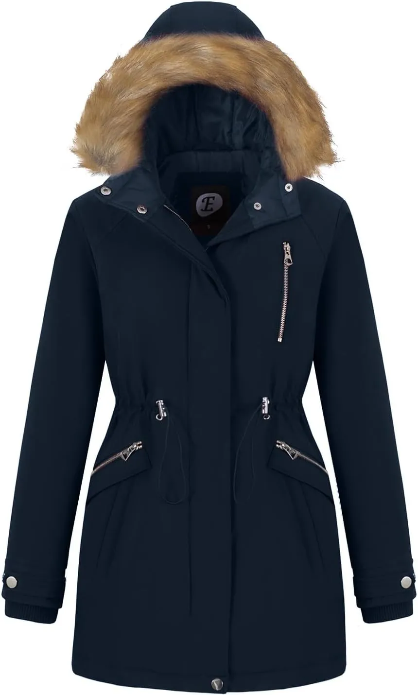 Women's Fur Hood Winter Parka Thicken Winter Jacket Coat Hooded Puffer Coat with Removable Fur Trim