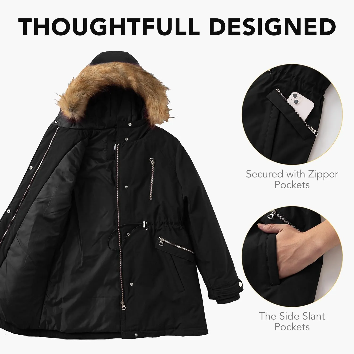 Women's Fur Hood Winter Parka Thicken Winter Jacket Coat Hooded Puffer Coat with Removable Fur Trim