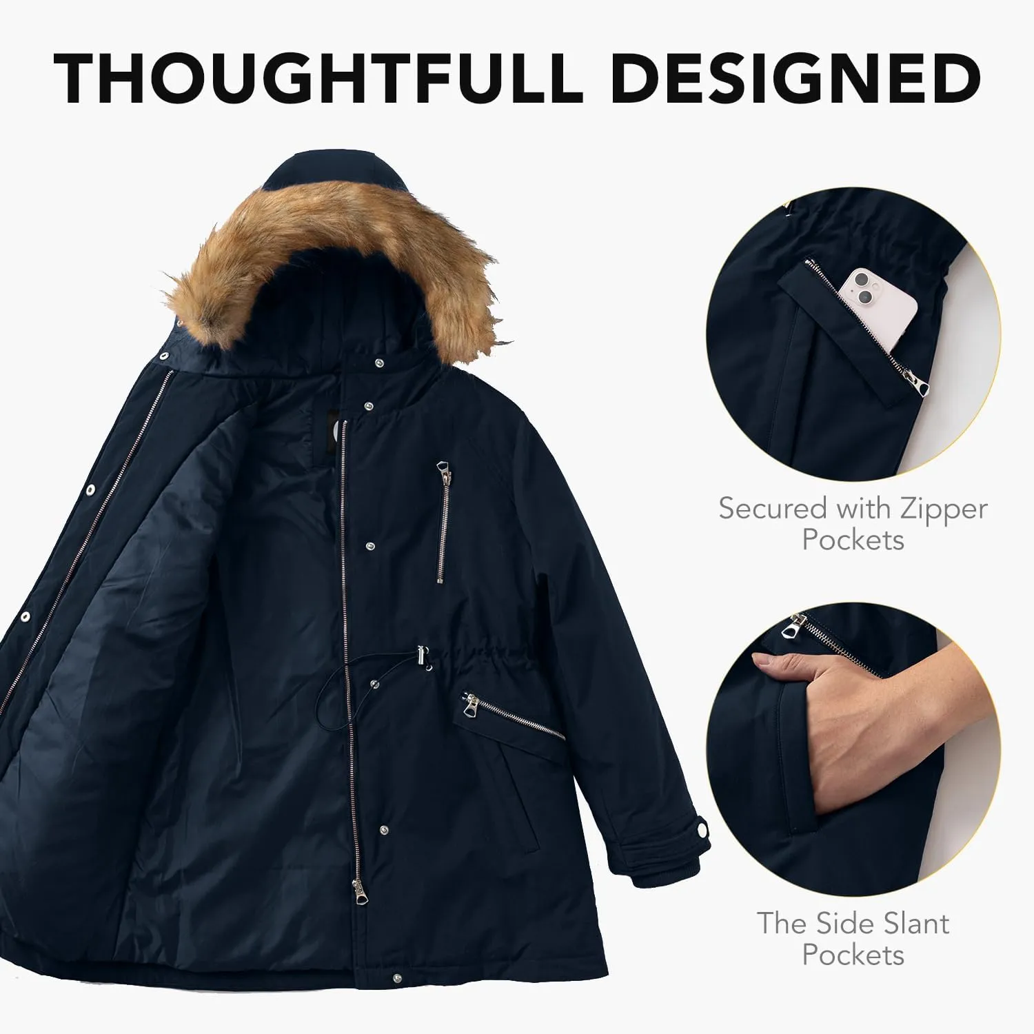 Women's Fur Hood Winter Parka Thicken Winter Jacket Coat Hooded Puffer Coat with Removable Fur Trim