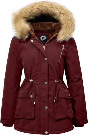 Women's Fur Hood Winter Parka Thicken Winter Jacket Coat Hooded Puffer Coat with Removable Fur Trim