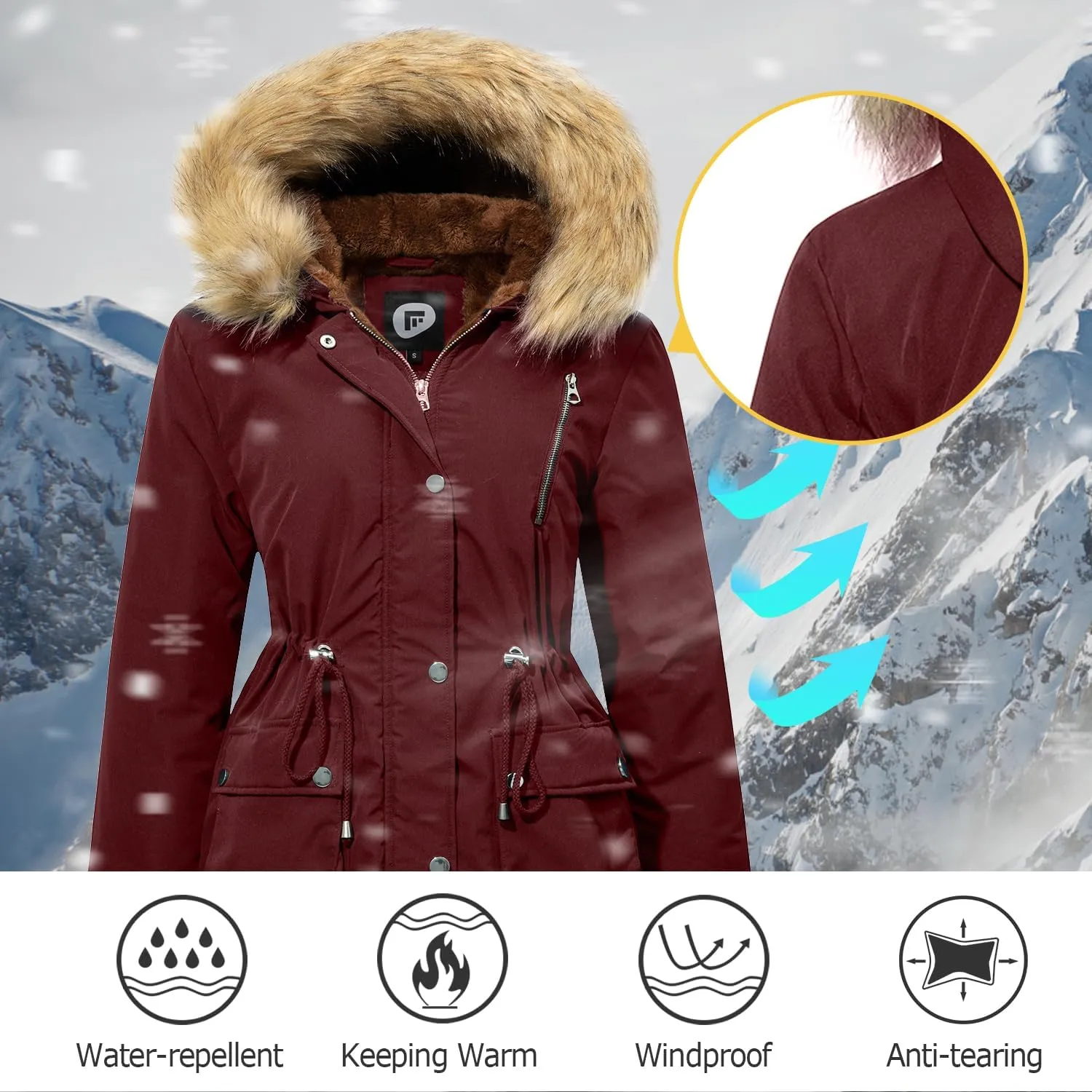 Women's Fur Hood Winter Parka Thicken Winter Jacket Coat Hooded Puffer Coat with Removable Fur Trim