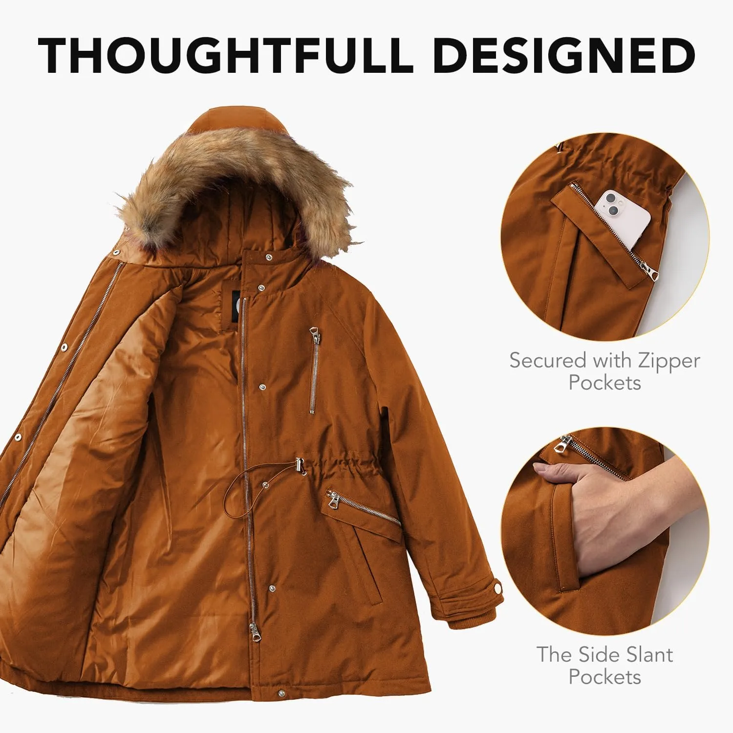 Women's Fur Hood Winter Parka Thicken Winter Jacket Coat Hooded Puffer Coat with Removable Fur Trim