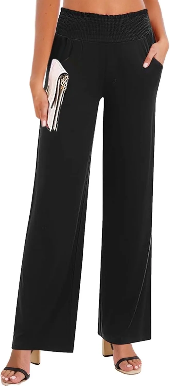 Womens High Waist Flowy Palazzo Pants Flowy Baggy Wide Leg Stretchy Straight Leg Dressy Casual Soft Lounge Trousers