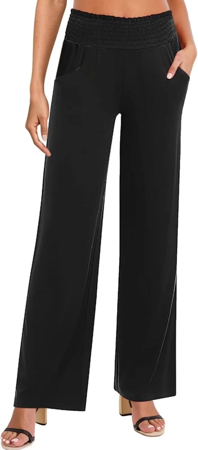 Womens High Waist Flowy Palazzo Pants Flowy Baggy Wide Leg Stretchy Straight Leg Dressy Casual Soft Lounge Trousers