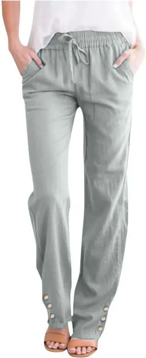 Women's High Waist Linen Pants Summer Elastic Drawstring Casual Trousers with Pocket, Comfy Straight Leg Lounge Pants