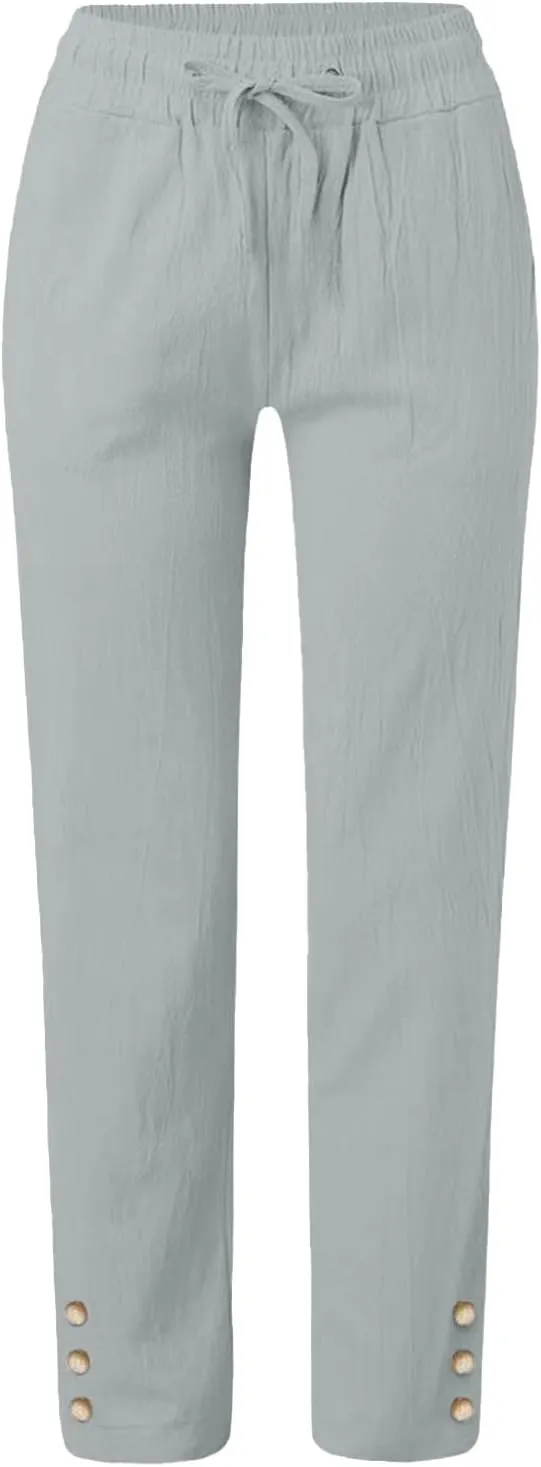 Women's High Waist Linen Pants Summer Elastic Drawstring Casual Trousers with Pocket, Comfy Straight Leg Lounge Pants