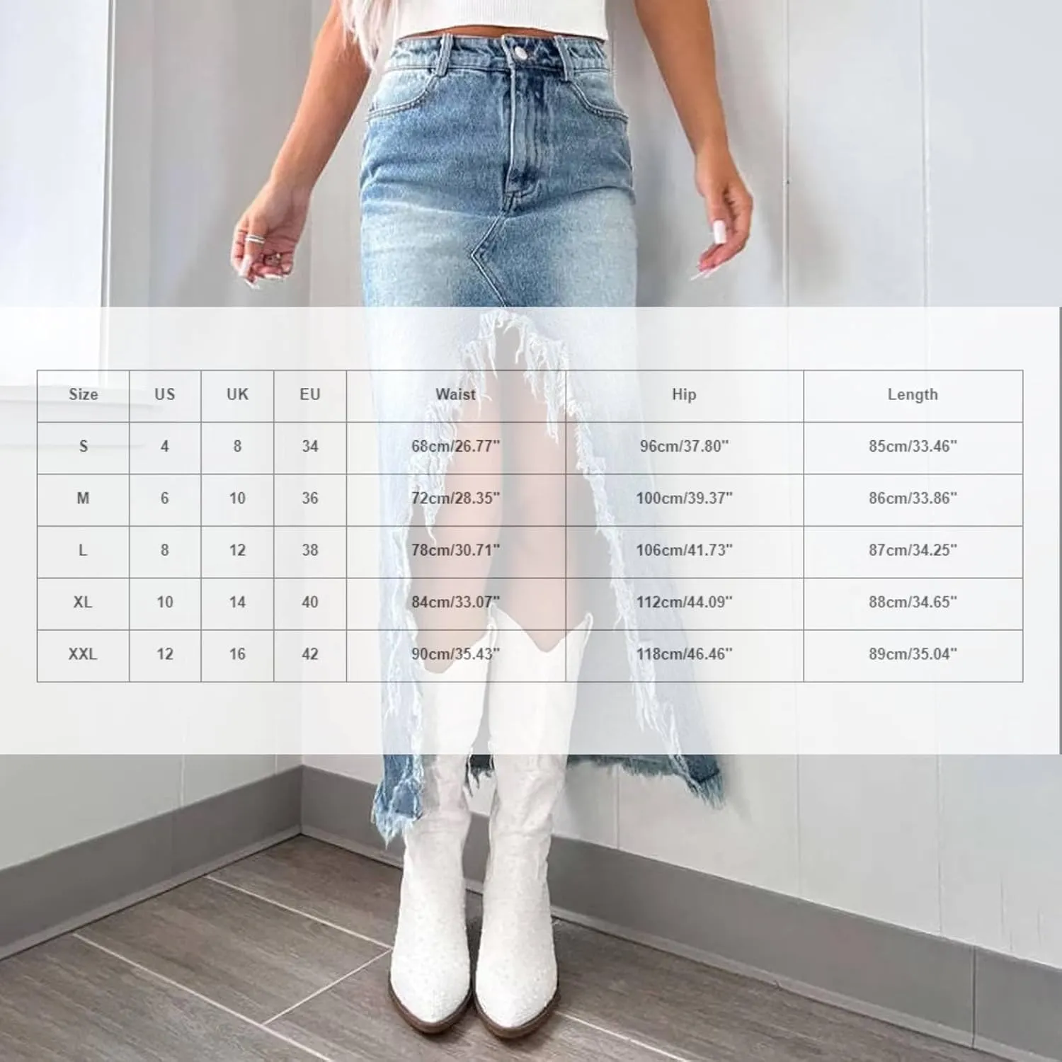 Womens High Waisted Ripped Denim Skirts Frayed Raw Asymmetrical Exotic Midi Jean Skirt Vintage Slit Streetwear Outfit