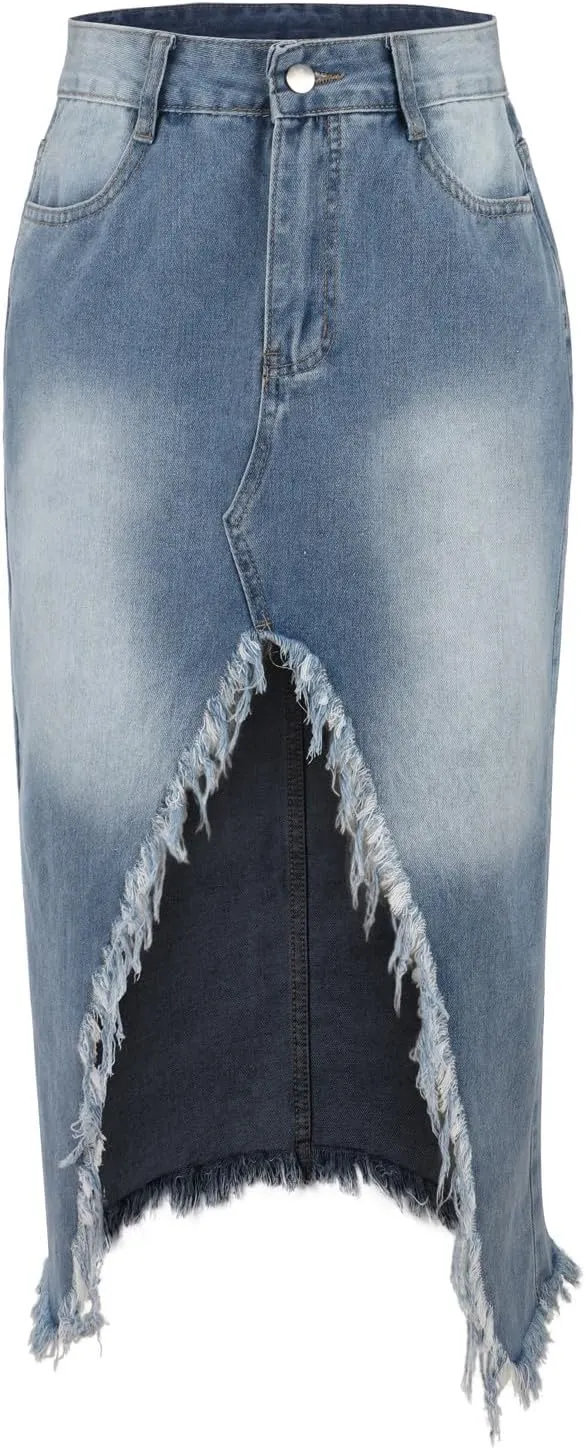 Womens High Waisted Ripped Denim Skirts Frayed Raw Asymmetrical Exotic Midi Jean Skirt Vintage Slit Streetwear Outfit