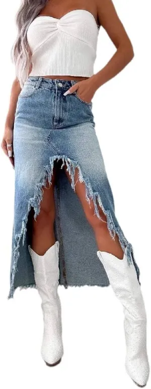 Womens High Waisted Ripped Denim Skirts Frayed Raw Asymmetrical Exotic Midi Jean Skirt Vintage Slit Streetwear Outfit