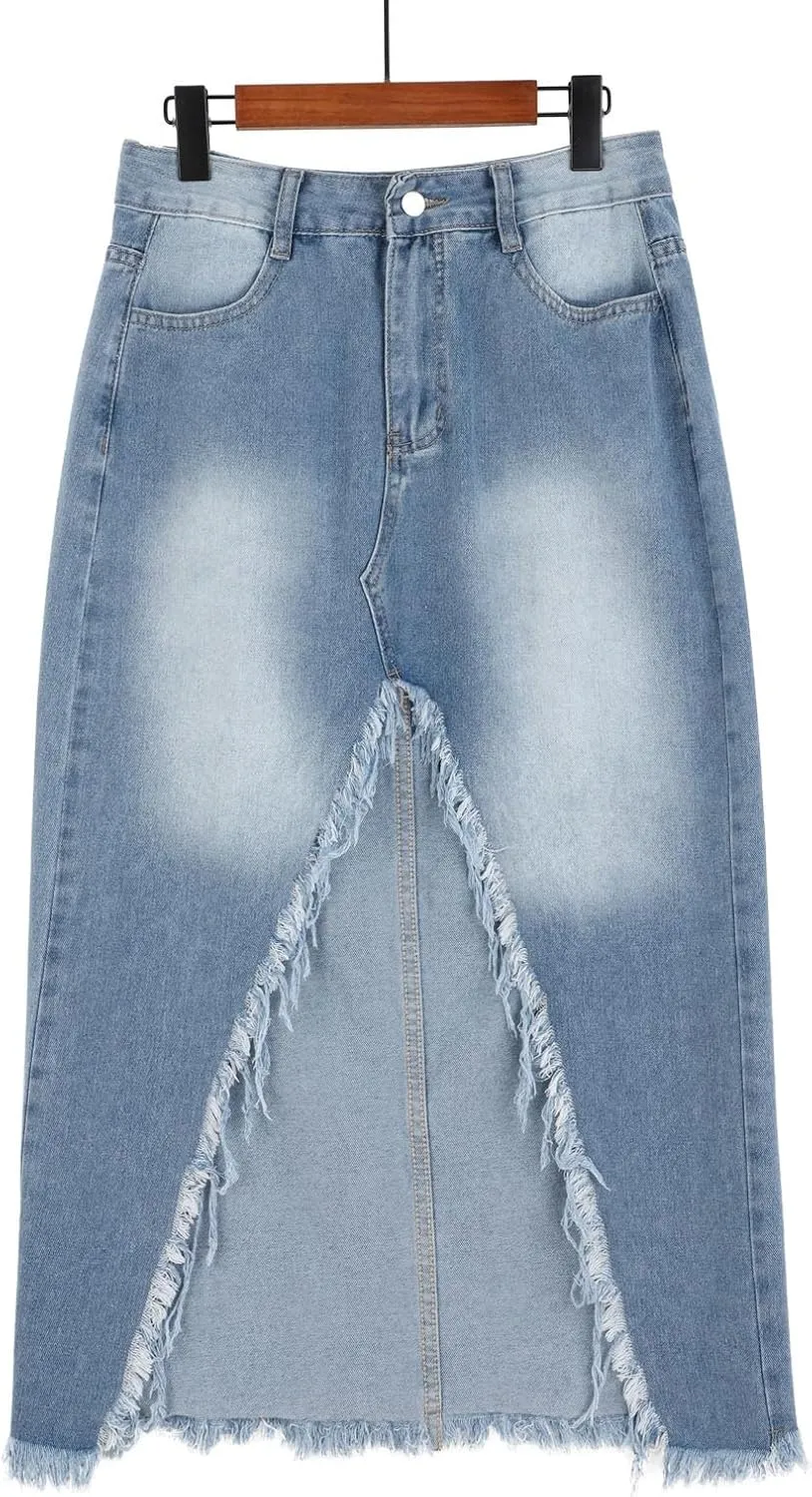 Womens High Waisted Ripped Denim Skirts Frayed Raw Asymmetrical Exotic Midi Jean Skirt Vintage Slit Streetwear Outfit