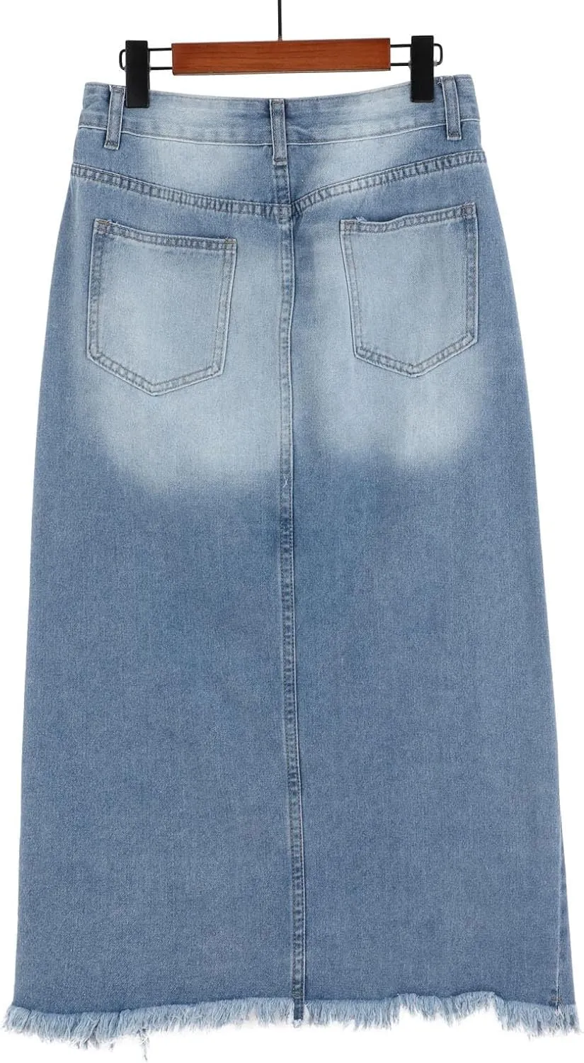 Womens High Waisted Ripped Denim Skirts Frayed Raw Asymmetrical Exotic Midi Jean Skirt Vintage Slit Streetwear Outfit