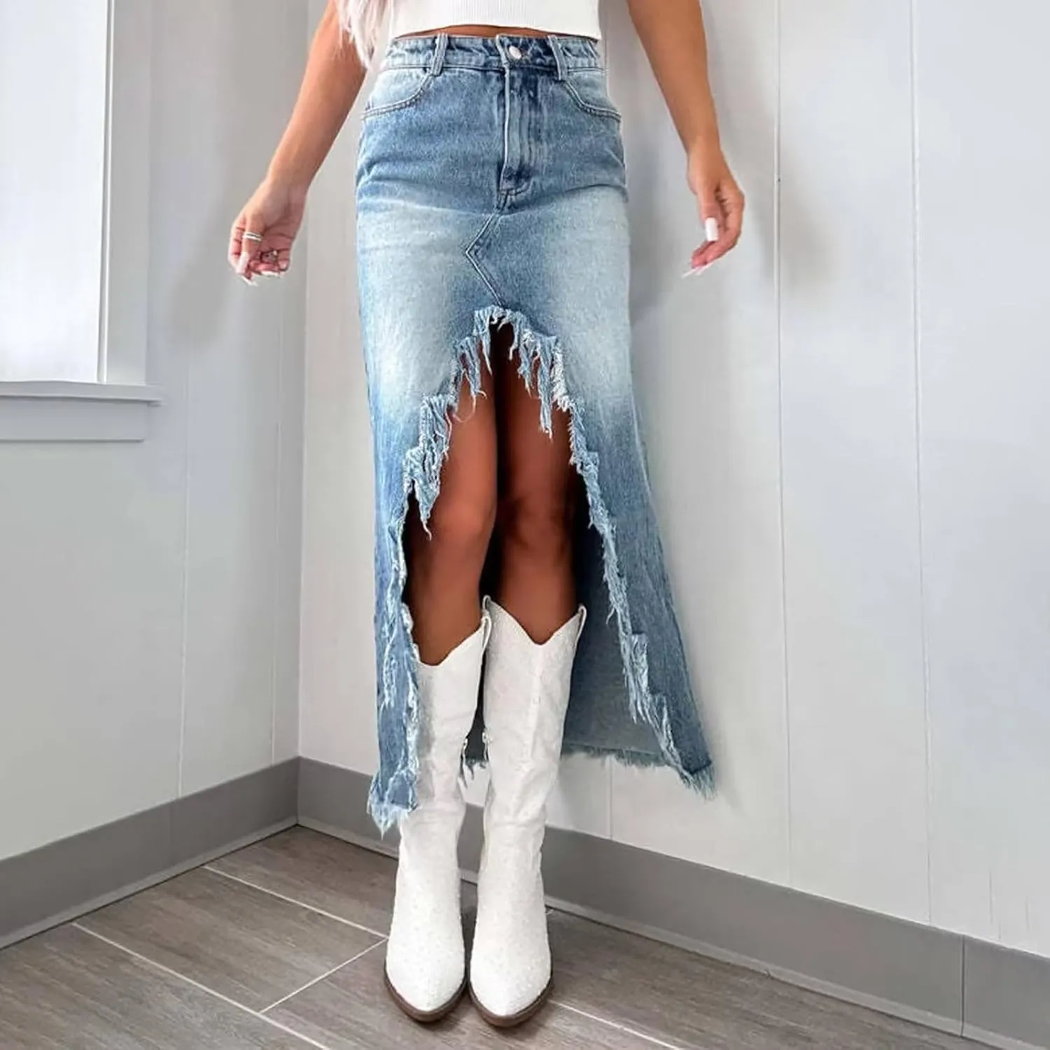 Womens High Waisted Ripped Denim Skirts Frayed Raw Asymmetrical Exotic Midi Jean Skirt Vintage Slit Streetwear Outfit