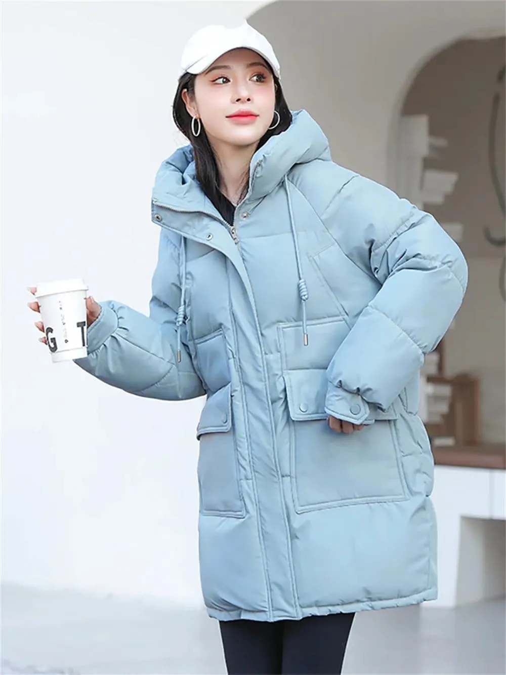 Women's Hooded Down Jacket Coat Winter Slim Pockets Long Zipper Cotton Padded Parkas Outwear