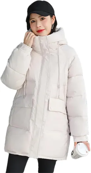 Women's Hooded Down Jacket Coat Winter Slim Pockets Long Zipper Cotton Padded Parkas Outwear