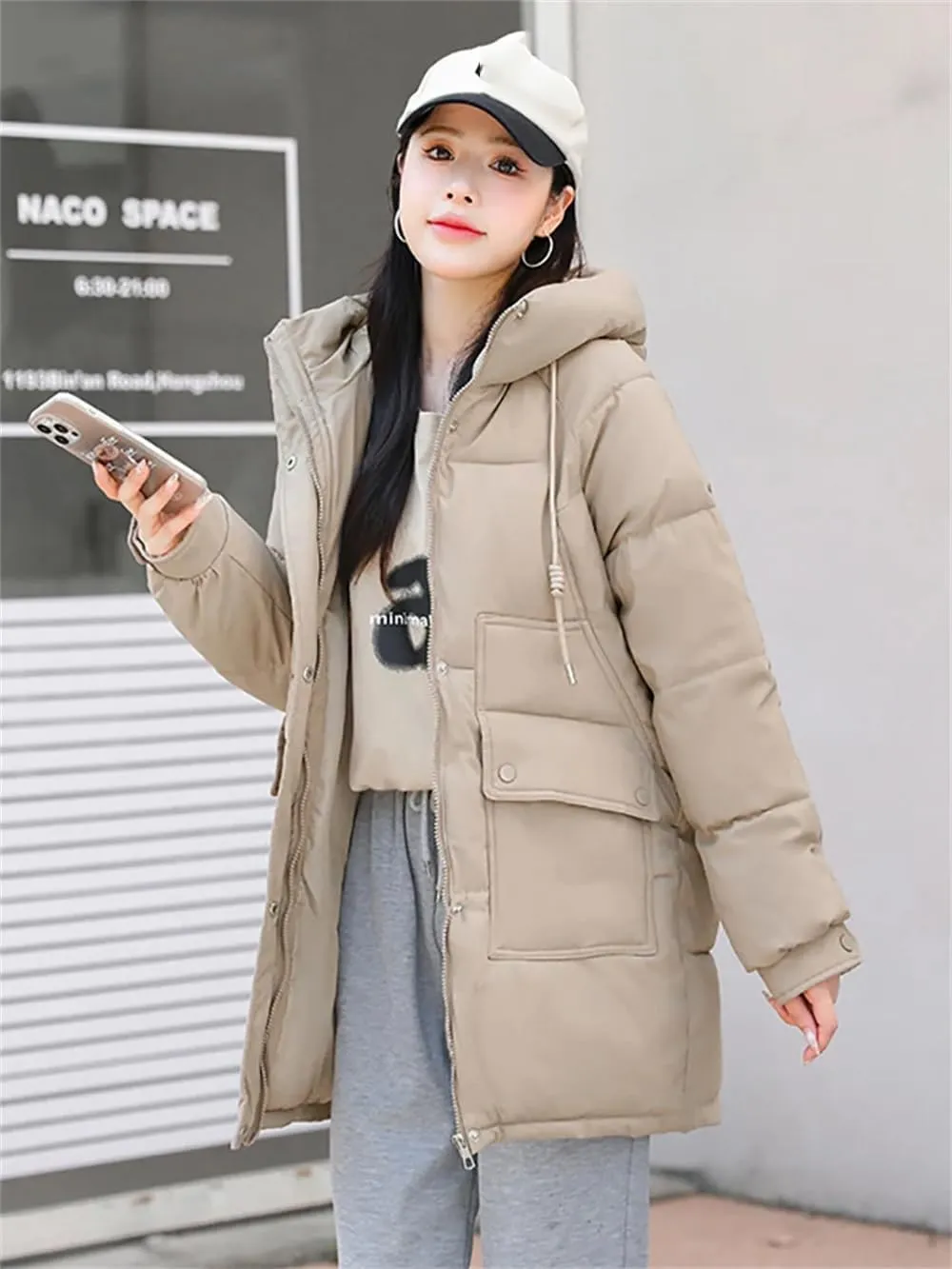 Women's Hooded Down Jacket Coat Winter Slim Pockets Long Zipper Cotton Padded Parkas Outwear