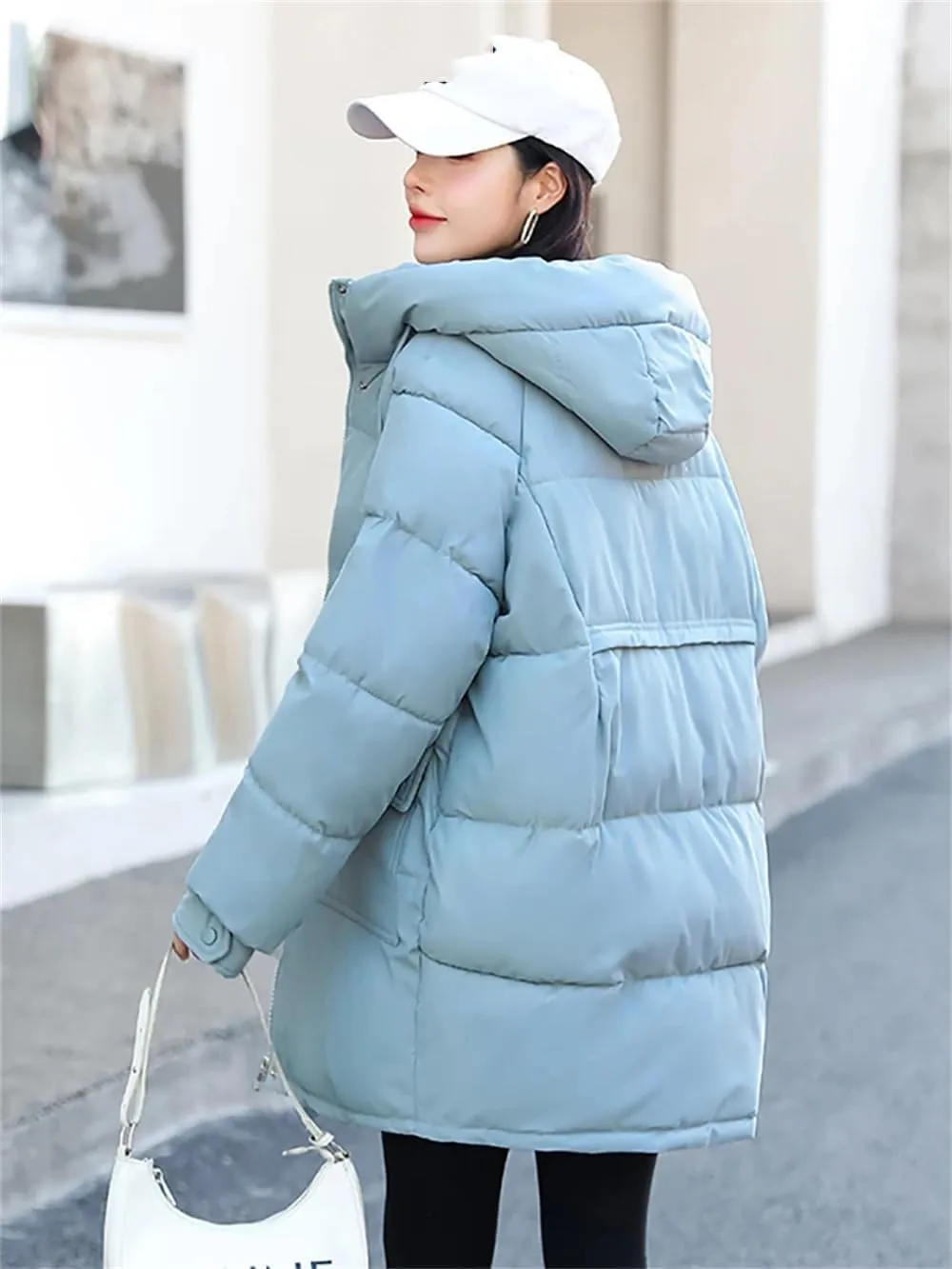 Women's Hooded Down Jacket Coat Winter Slim Pockets Long Zipper Cotton Padded Parkas Outwear