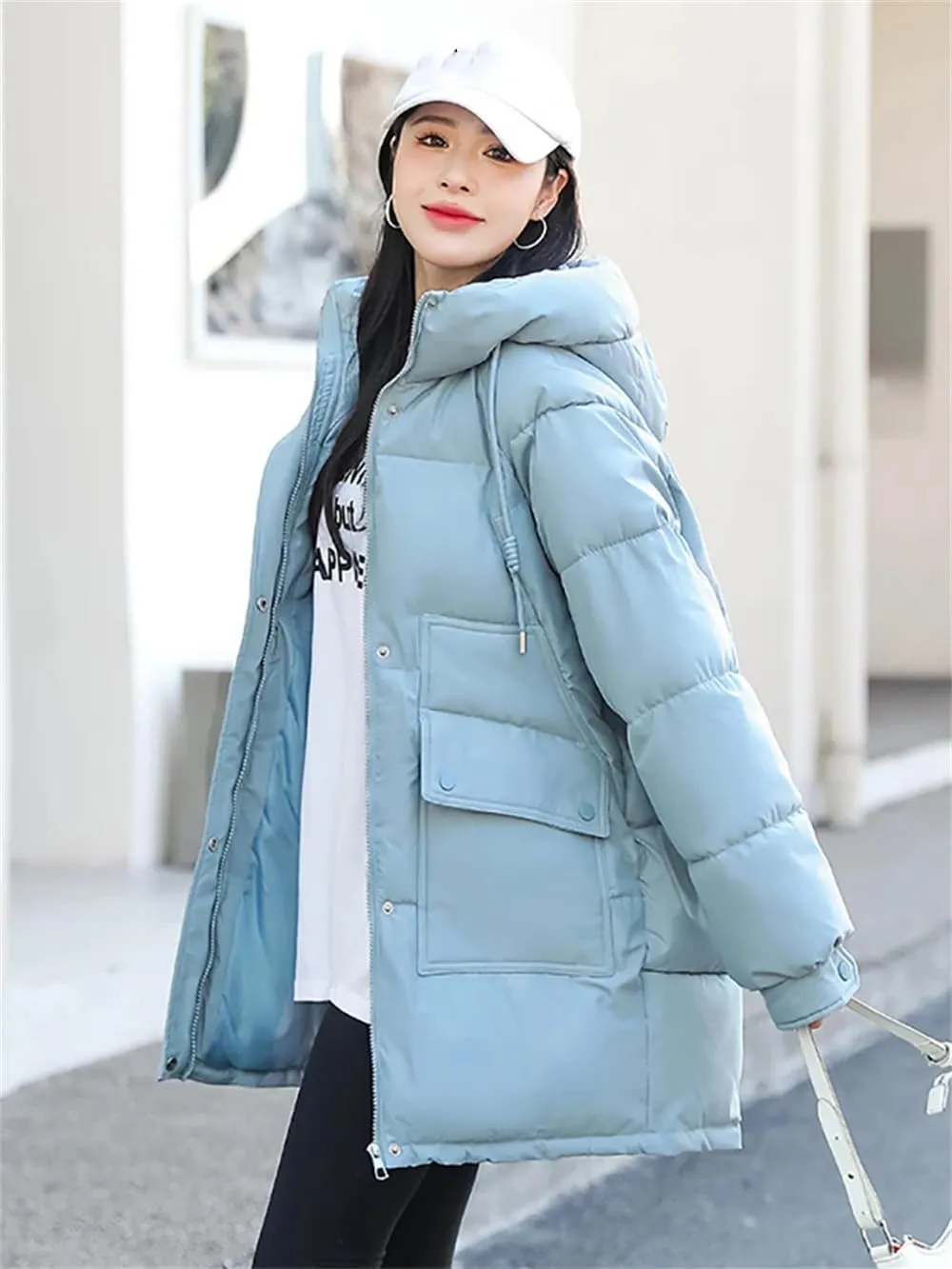 Women's Hooded Down Jacket Coat Winter Slim Pockets Long Zipper Cotton Padded Parkas Outwear
