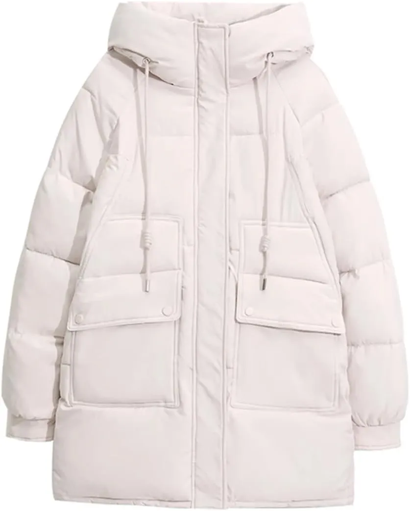 Women's Hooded Down Jacket Coat Winter Slim Pockets Long Zipper Cotton Padded Parkas Outwear