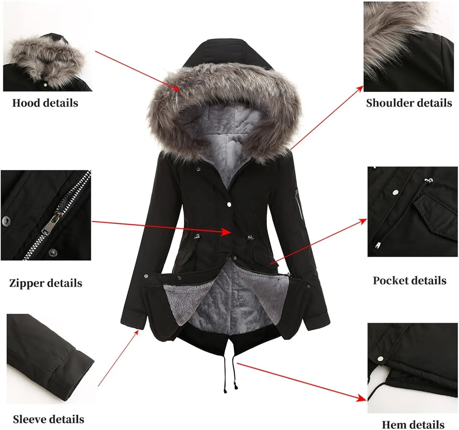 Womens Leisure Parka with Hooded,Winter Cotton Padded Jacket,Plush Warm Coat,Thickened Mid-Length Warm Parka