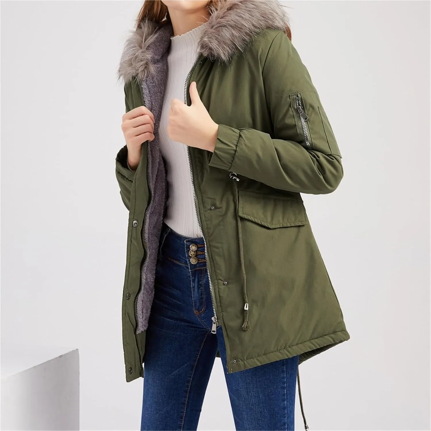 Womens Leisure Parka with Hooded,Winter Cotton Padded Jacket,Plush Warm Coat,Thickened Mid-Length Warm Parka