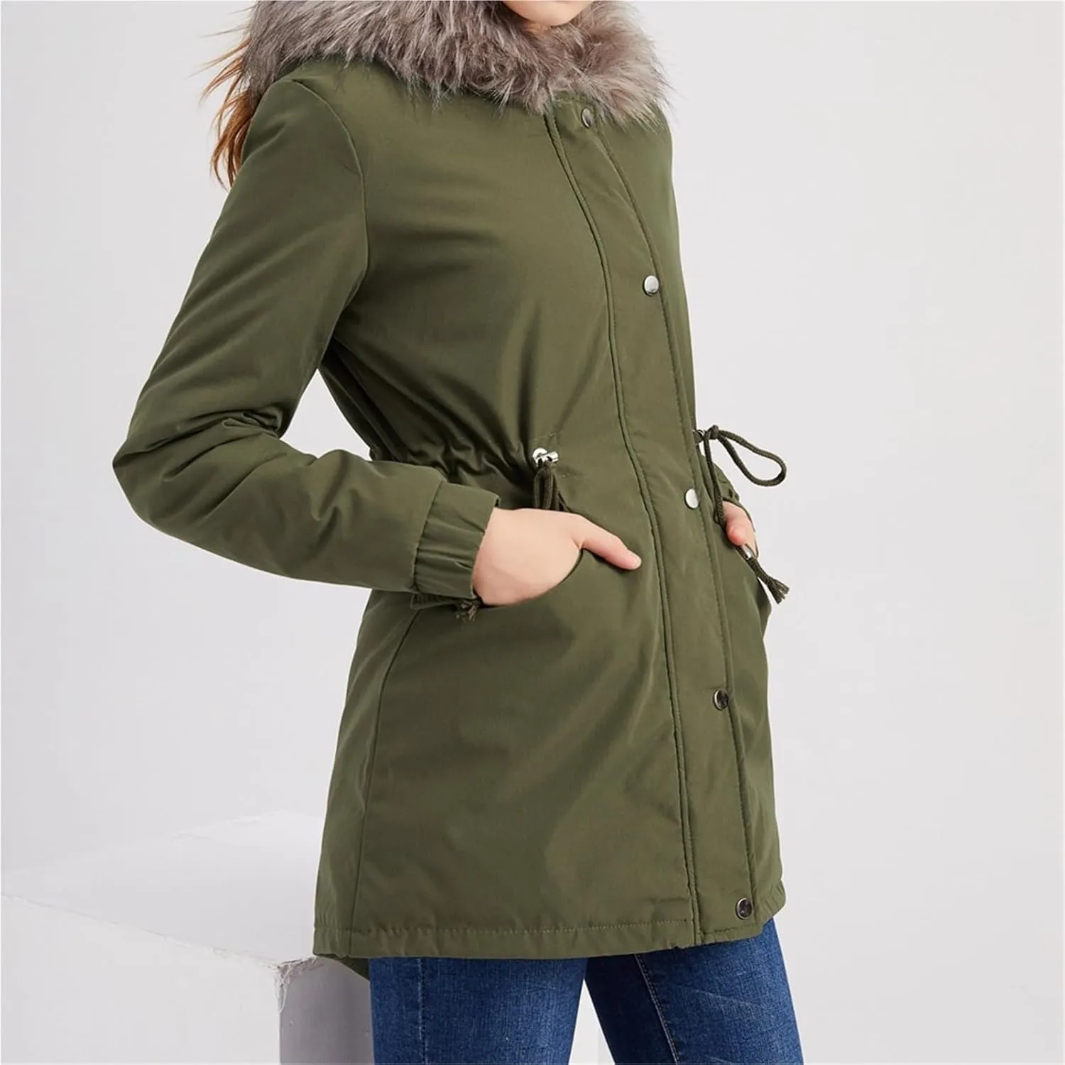 Womens Leisure Parka with Hooded,Winter Cotton Padded Jacket,Plush Warm Coat,Thickened Mid-Length Warm Parka