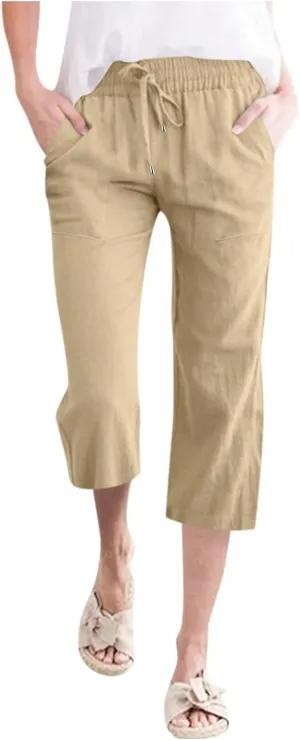 Women's Linen Capri Pants with Drawstring Drawstring Elastic Trousers Comfy Straight Leg Long Pants with Pockets