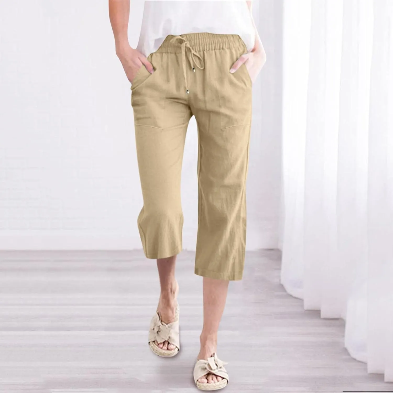 Women's Linen Capri Pants with Drawstring Drawstring Elastic Trousers Comfy Straight Leg Long Pants with Pockets