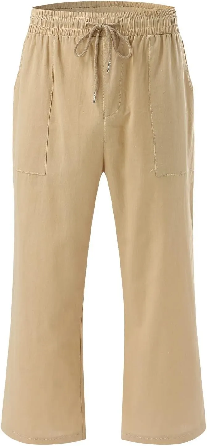 Women's Linen Capri Pants with Drawstring Drawstring Elastic Trousers Comfy Straight Leg Long Pants with Pockets