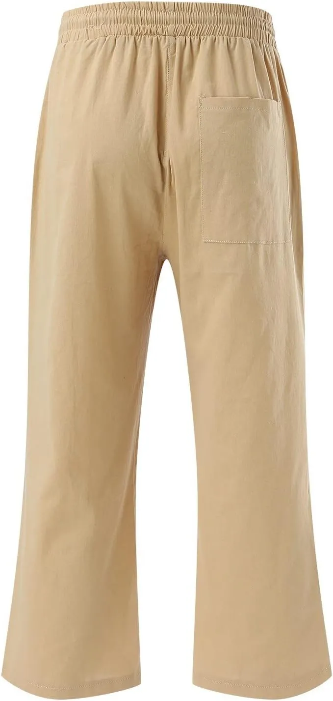Women's Linen Capri Pants with Drawstring Drawstring Elastic Trousers Comfy Straight Leg Long Pants with Pockets