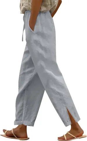 Women's Linen Capri Pants with Drawstring Petite High Waist Elastic Straight Leg Lounge Summer Beachwear Pants
