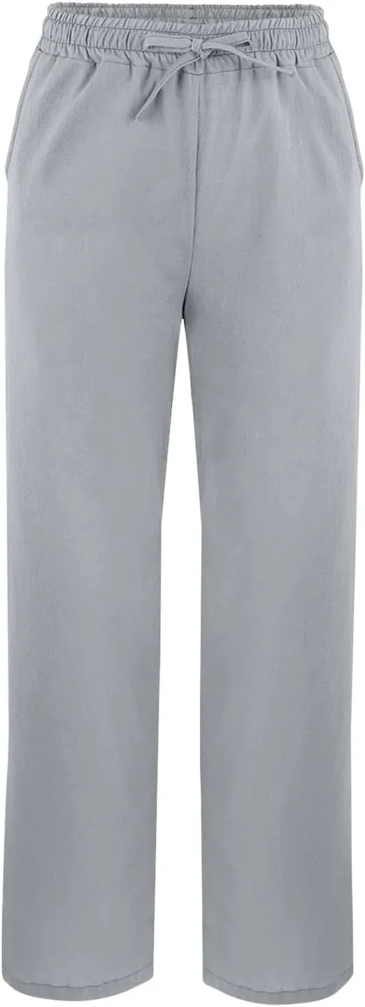 Women's Linen Capri Pants with Drawstring Petite High Waist Elastic Straight Leg Lounge Summer Beachwear Pants