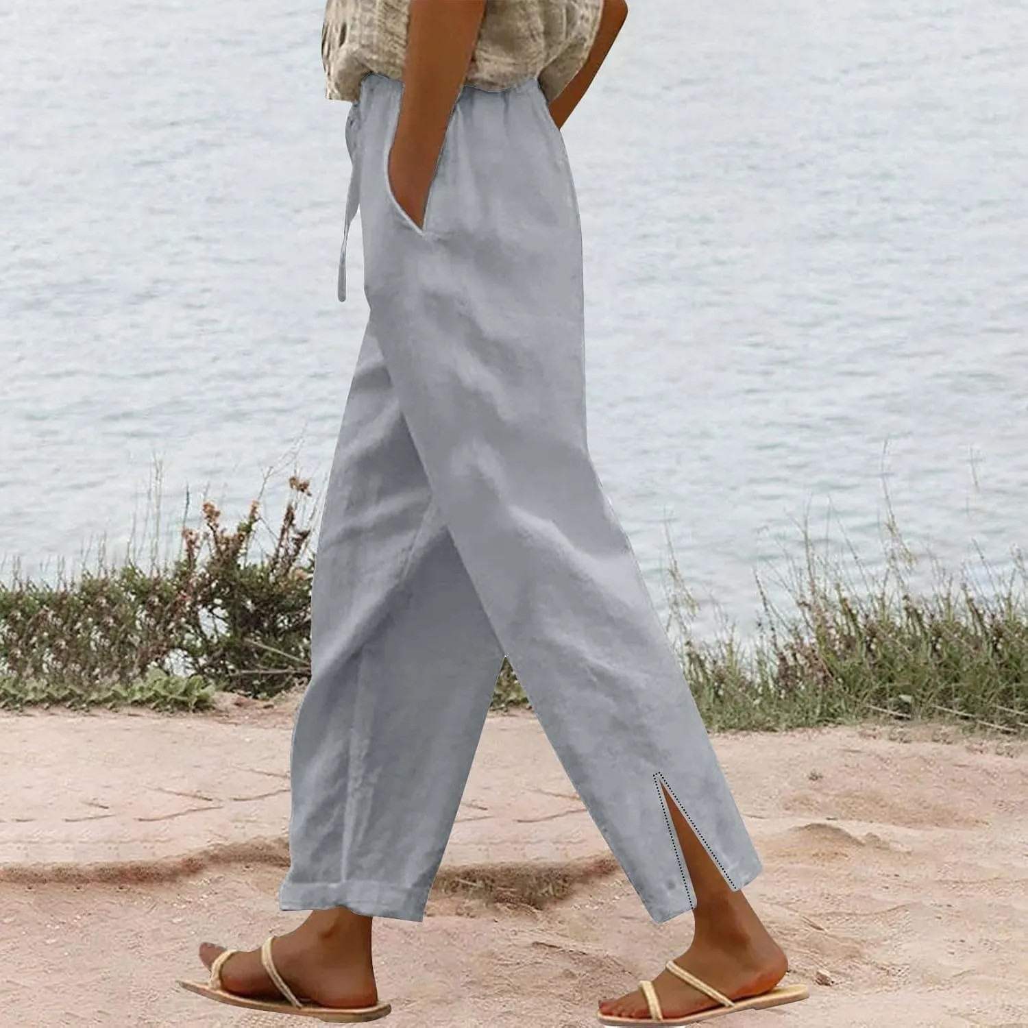 Women's Linen Capri Pants with Drawstring Petite High Waist Elastic Straight Leg Lounge Summer Beachwear Pants