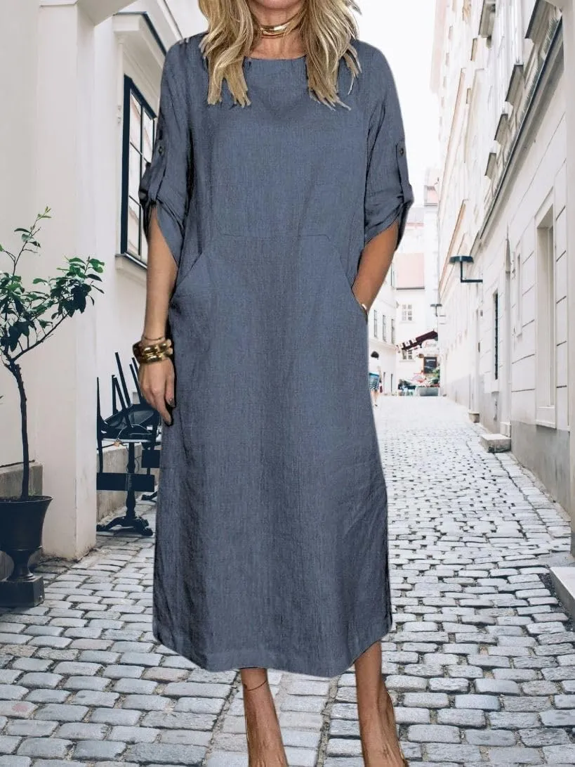 Womens Linen Midi Dresses Casual Short Sleeve Crew Neck Cotton Summer Dress Beach Sundresses with Pocket S-3XL