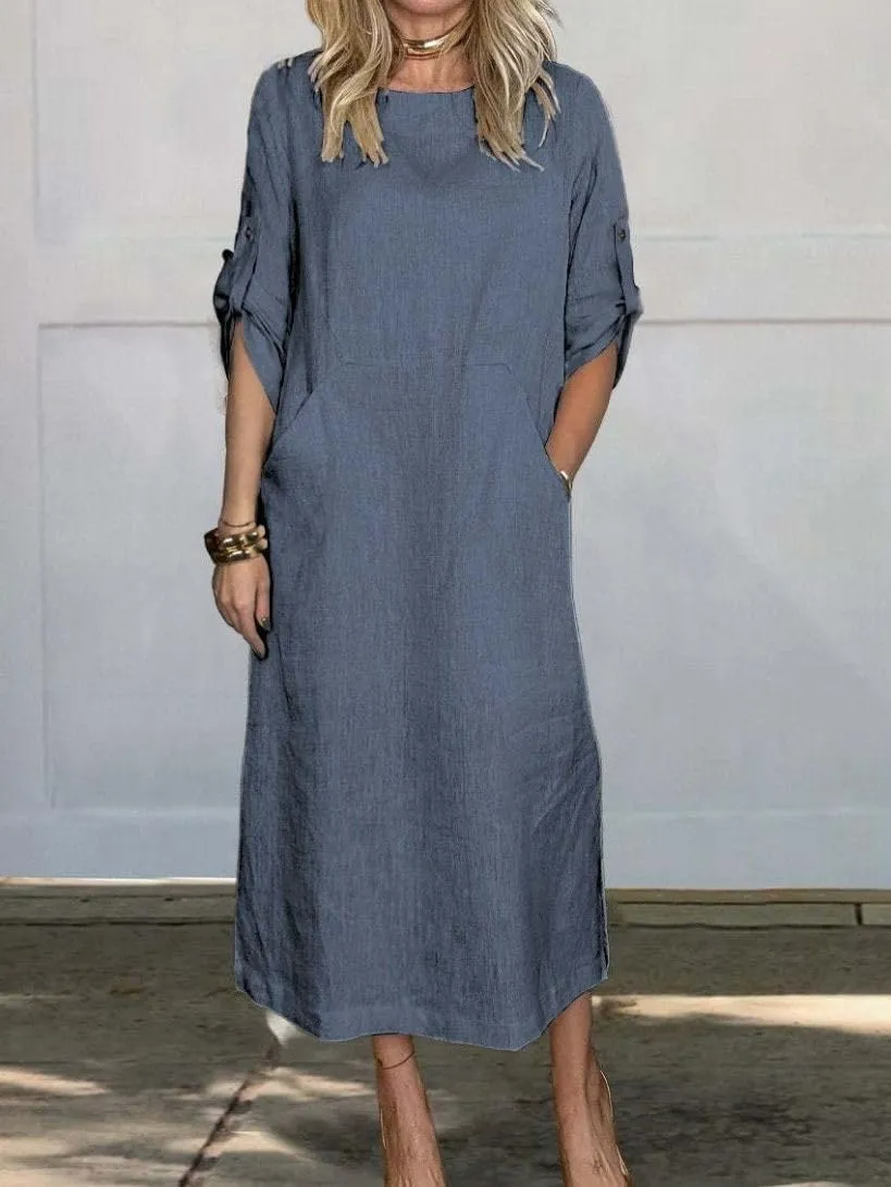 Womens Linen Midi Dresses Casual Short Sleeve Crew Neck Cotton Summer Dress Beach Sundresses with Pocket S-3XL
