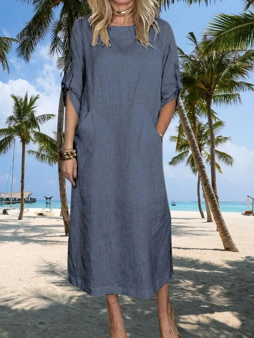 Womens Linen Midi Dresses Casual Short Sleeve Crew Neck Cotton Summer Dress Beach Sundresses with Pocket S-3XL
