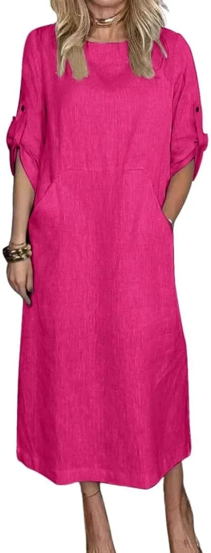 Womens Linen Midi Dresses Casual Short Sleeve Crew Neck Cotton Summer Dress Beach Sundresses with Pocket S-3XL