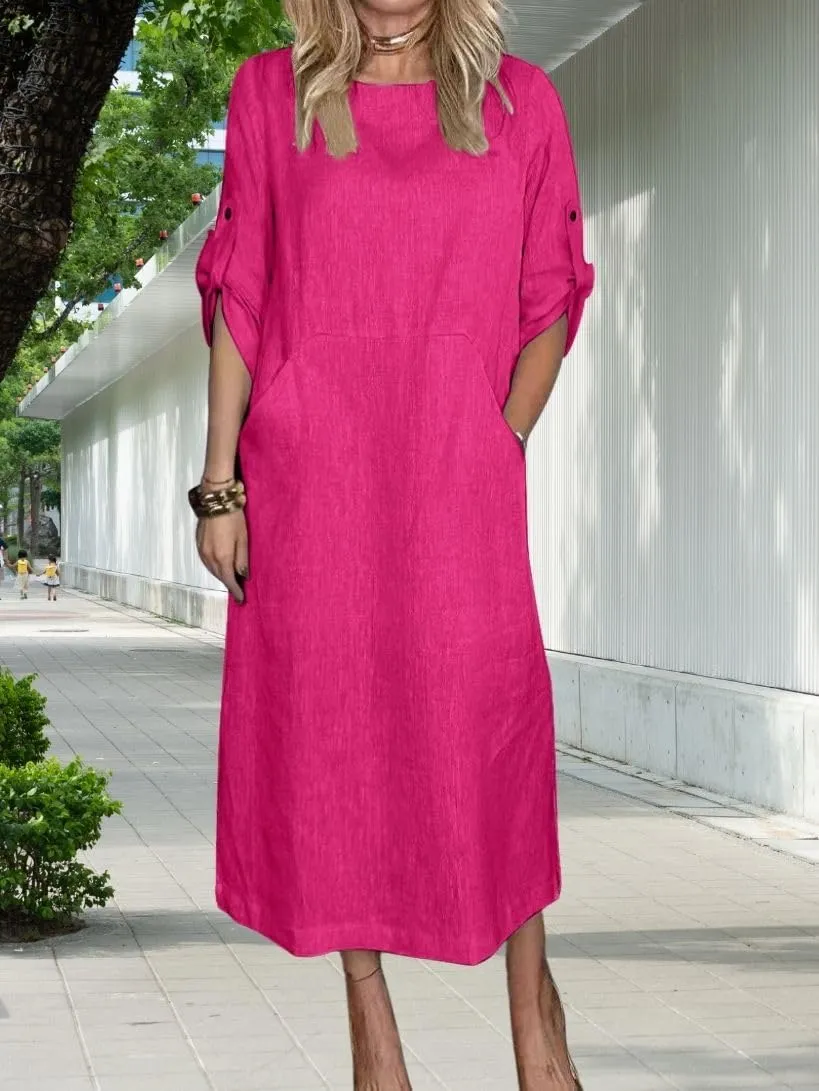 Womens Linen Midi Dresses Casual Short Sleeve Crew Neck Cotton Summer Dress Beach Sundresses with Pocket S-3XL