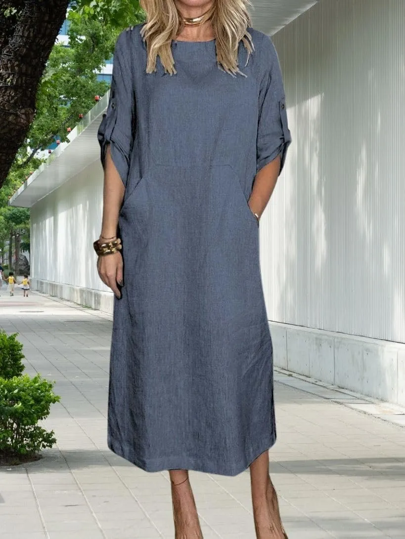Womens Linen Midi Dresses Casual Short Sleeve Crew Neck Cotton Summer Dress Beach Sundresses with Pocket S-3XL