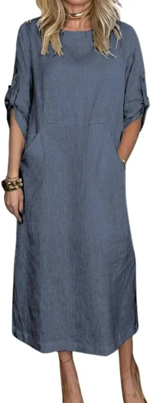 Womens Linen Midi Dresses Casual Short Sleeve Crew Neck Cotton Summer Dress Beach Sundresses with Pocket S-3XL