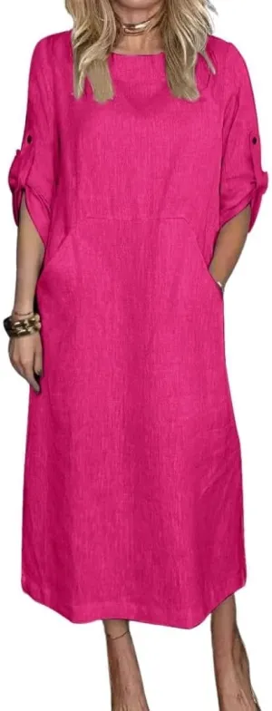 Womens Linen Midi Dresses Casual Short Sleeve Crew Neck Cotton Summer Dress Beach Sundresses with Pocket S-3XL