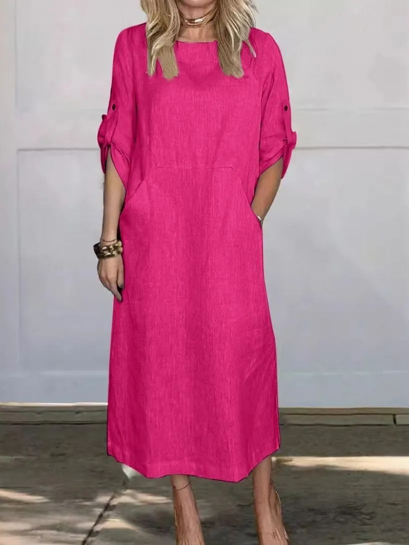 Womens Linen Midi Dresses Casual Short Sleeve Crew Neck Cotton Summer Dress Beach Sundresses with Pocket S-3XL