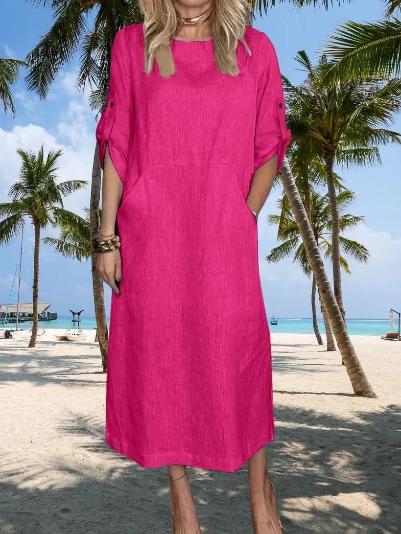 Womens Linen Midi Dresses Casual Short Sleeve Crew Neck Cotton Summer Dress Beach Sundresses with Pocket S-3XL
