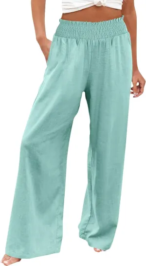Womens Linen Pants 2025 Summer Casual Loose Wide Leg Palazzo Pants High Waist Flowy Beach Trousers Outfits