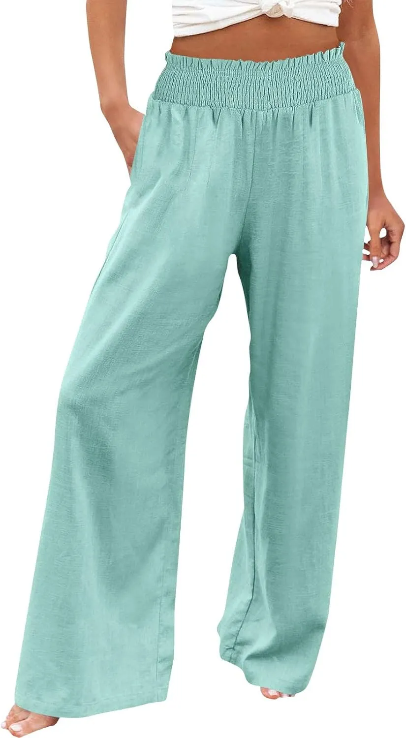 Womens Linen Pants 2025 Summer Casual Loose Wide Leg Palazzo Pants High Waist Flowy Beach Trousers Outfits